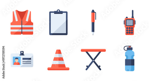 Flat design safety equipment icons set: vest cone clipboard radio id