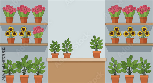 Colorful flower shop interior with potted plants and vibrant blooms