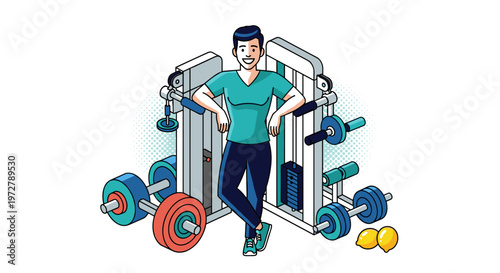 Fitness enthusiast smiling at the gym with modern equipment and