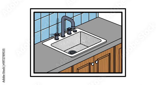 Isometric kitchen sink with cabinets on tiled wall