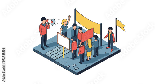Isometric protest scene with diverse group holding signs and banners