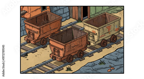 Vintage mining carts on rails in a rustic setting