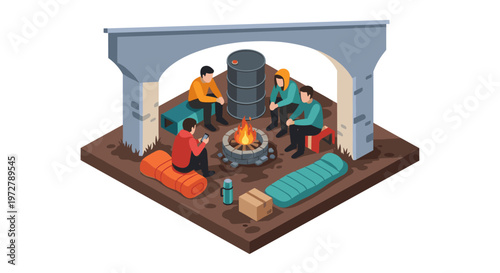 Outdoor camping scene with friends gathered around campfire under