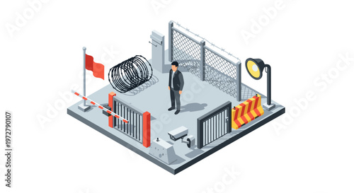Isometric security checkpoint: urban border control with guard gate