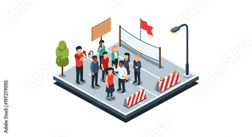 Urban protest in isometric style featuring diverse group and street