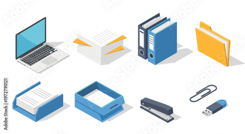 Office supplies isometric design with laptop files and folders for