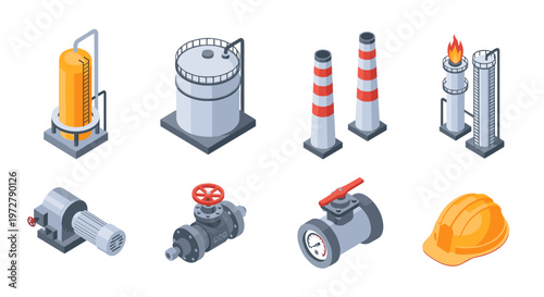 Industrial equipment set with isometric design featuring tanks