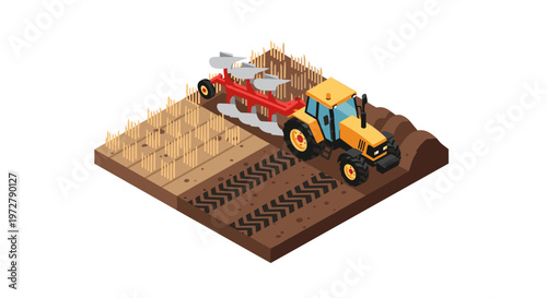 Isometric farm scene with tractor plowing field: agriculture and
