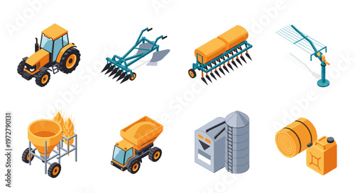 Modern farming equipment collection in isometric design