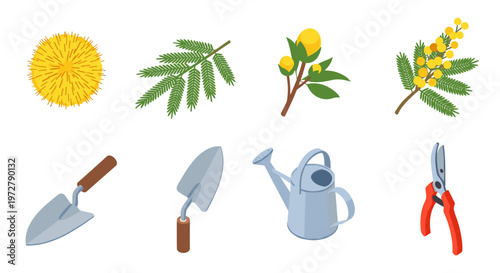 Garden tools and plant branches set in flat design