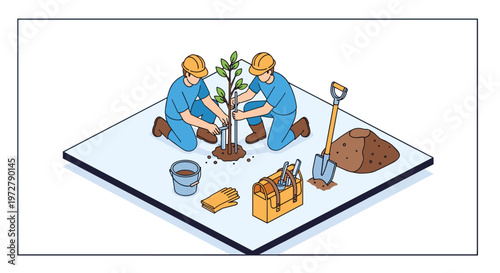 Isometric arborists planting tree with gardening tools and equipment