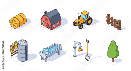 Isometric farm elements collection: tractor hay silo and more for