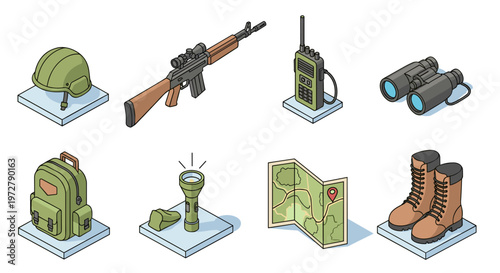 Isometric military icon set featuring equipment and gear in modern