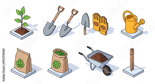 Gardening tools and supplies set with isometric design for home