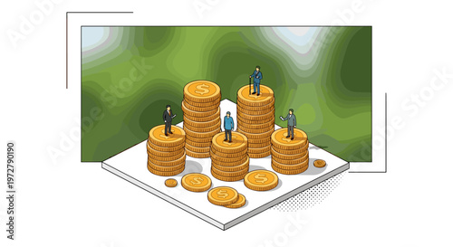 Isometric business growth concept with businesspeople on stacked coins