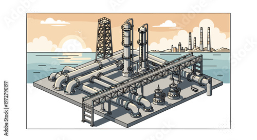 Industrial refinery in coastal setting with modern isometric design