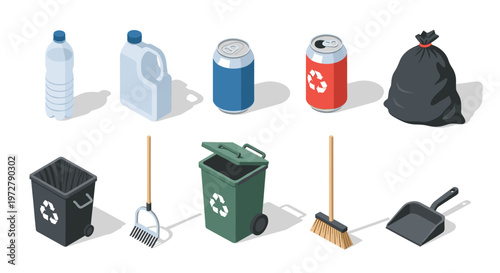 Recycling icons collection: bottles cans trash bags bins cleaning