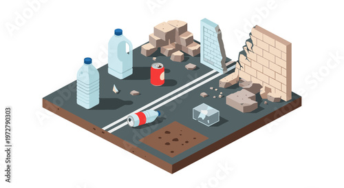 Isometric urban decay scene with litter and crumbling infrastructure