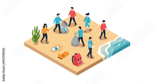 Isometric beach cleanup scene with people collecting garbage by the