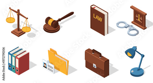 Isometric law office icons: scales gavel books and more for legal