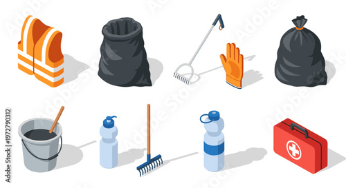 Isometric volunteer cleanup equipment: tools and safety gear for