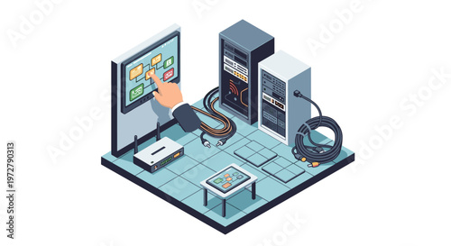 Isometric data center management with server racks and control panel