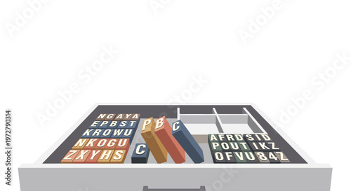 Typography letters in open drawer with books and empty compartments