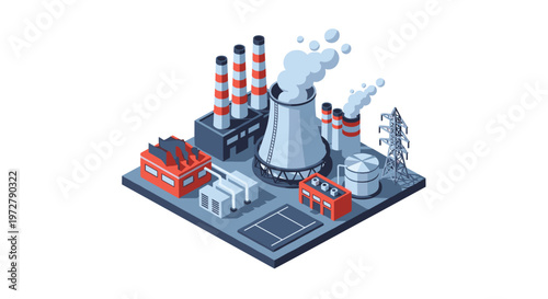 Isometric energy plant with chimneys and power lines on white