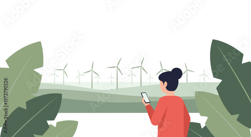 Sustainable energy concept with woman smartphone and wind turbines