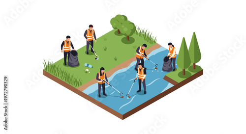 Volunteers cleaning riverbank in isometric style for environmental