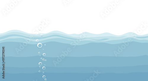 Calm blue ocean waves with bubbles on white background