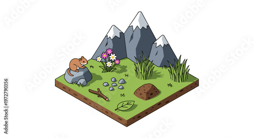 Isometric landscape with mountains and prairie dog in alpine scene