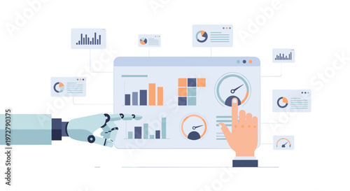 Robotic hand interacting with data dashboard for business analytics