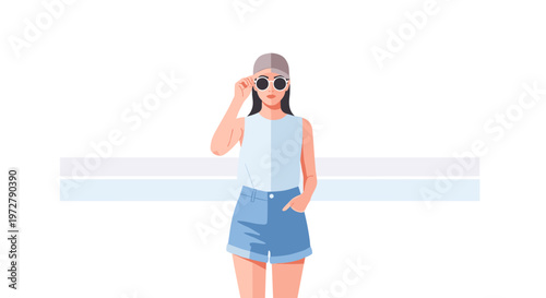 Modern woman in summer outfit with sunglasses and hat on white