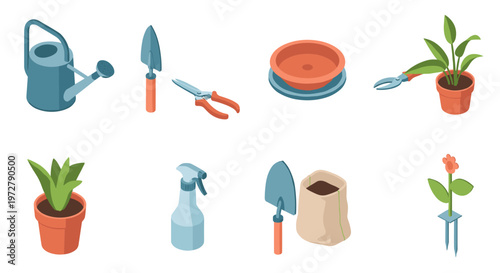 Set of essential gardening tools and plants in isometric style