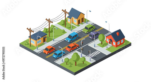 Isometric urban neighborhood with cars and houses in 3d style