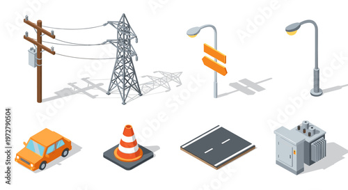 Isometric urban infrastructure set with power lines street lights and