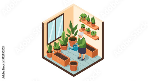 Elderly woman gardening indoors in cozy isometric room with plants