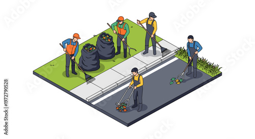 Isometric urban cleaning crew raking leaves on city street