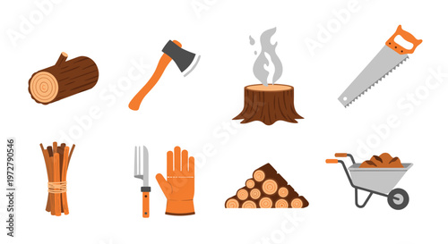 Essential firewood tools and equipment collection in minimalist design