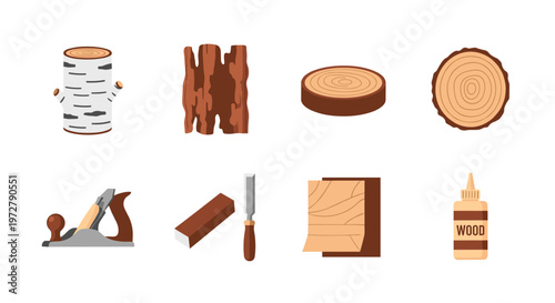Flat style woodworking tools and textures set with timber elements