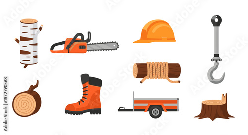 Forestry equipment and tools collection: chainsaw hard hat log rope
