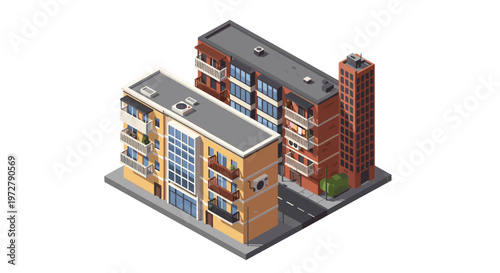Modern urban architecture with isometric city block design and
