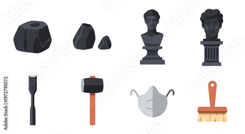 Ancient sculpting tools and busts with chisel and mallet in flat