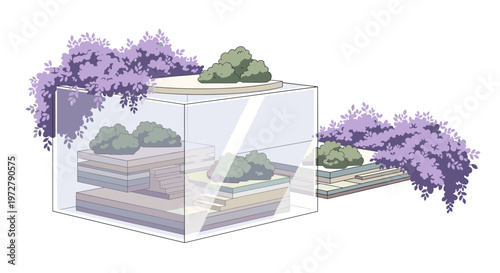 Modern geometric glass terrarium with purple flowers and greenery in