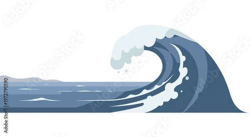Dynamic ocean wave in minimalist blue tones with clean lines and