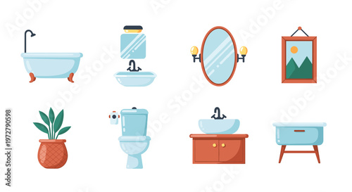 Modern bathroom essentials set with decorative elements and fixtures