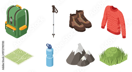 Essential hiking gear and supplies in isometric view for outdoor