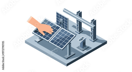 Interactive isometric solar panel installation with hand
