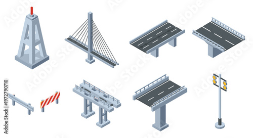 Isometric bridge elements set: roads barriers and traffic lights